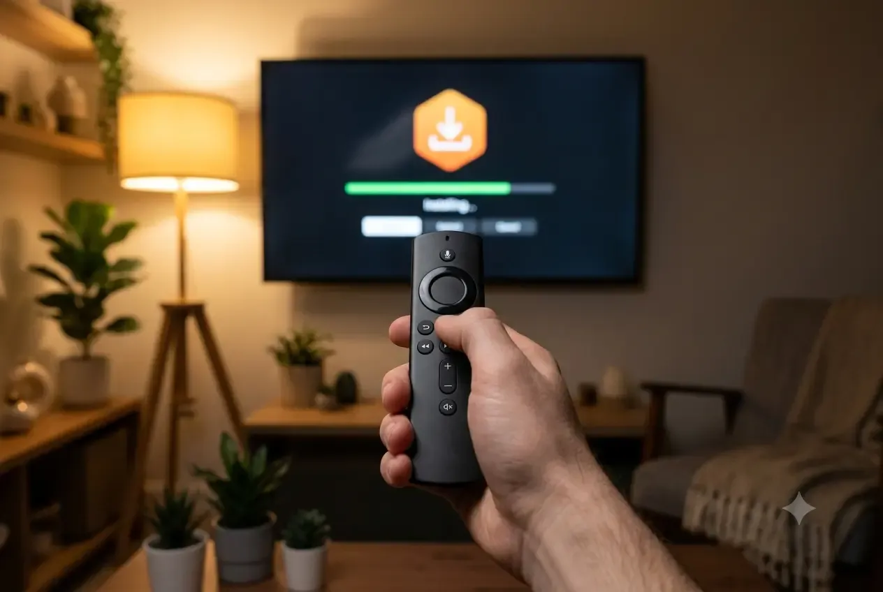 IPTV auf dem Fire TV Stick einrichten: Fernbedienung zeigt auf den Fernseher mit Installationsbildschirm