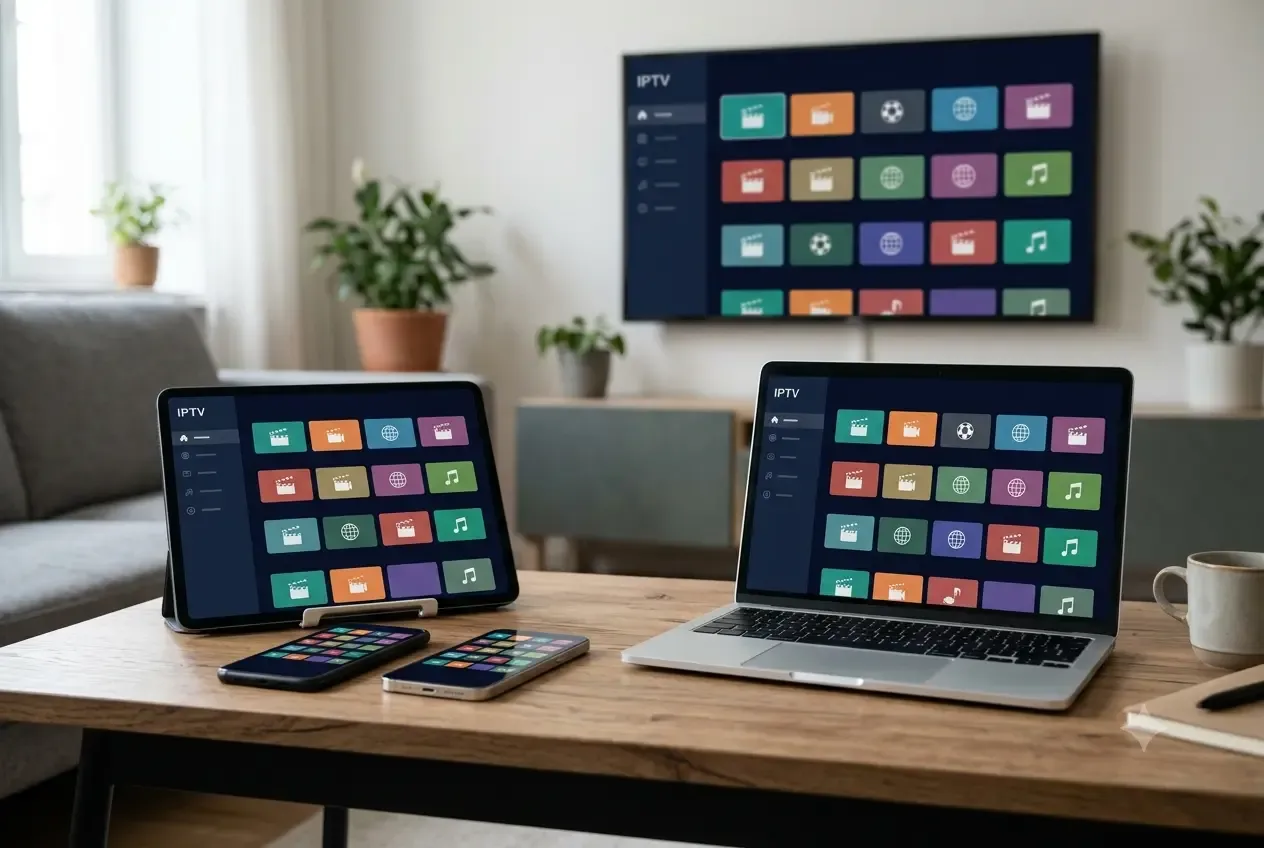 IPTV Germany auf mehreren Geräten: Fernseher, Laptop, Tablet und Smartphone streamen dieselbe Senderliste